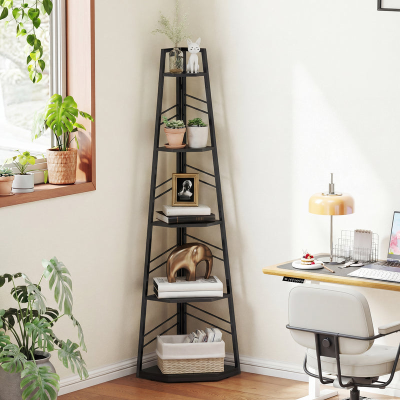 Corner Bookcase with Five Shelves for Space Saving Storage and Display Black AOSOM