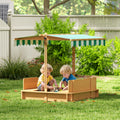 Wooden Kids Sandpit With Seating for Outdoor Garden Playtime Fun Square Design Natural Outsunny