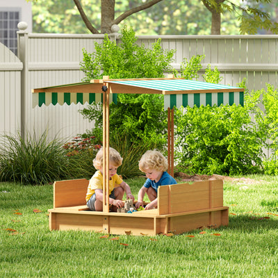 Wooden Kids Sandpit With Seating for Outdoor Garden Playtime Fun Square Design Natural Outsunny