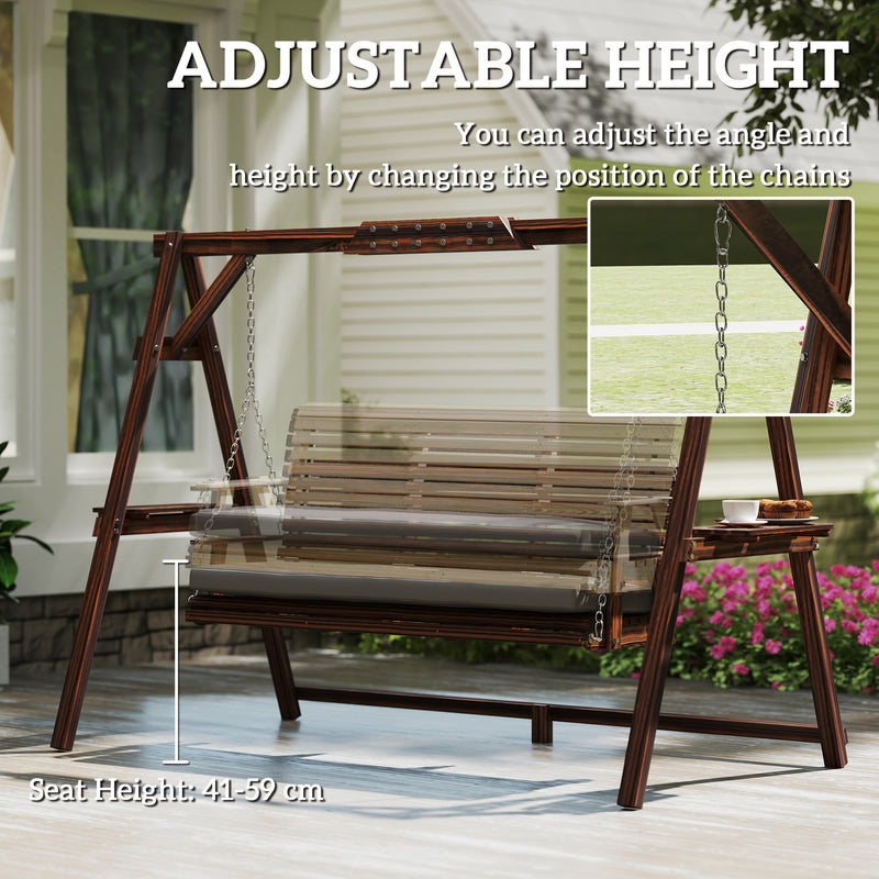 Garden Swing Chair for Three with Cushioned Seat and Side Shelves Carbonised Brown