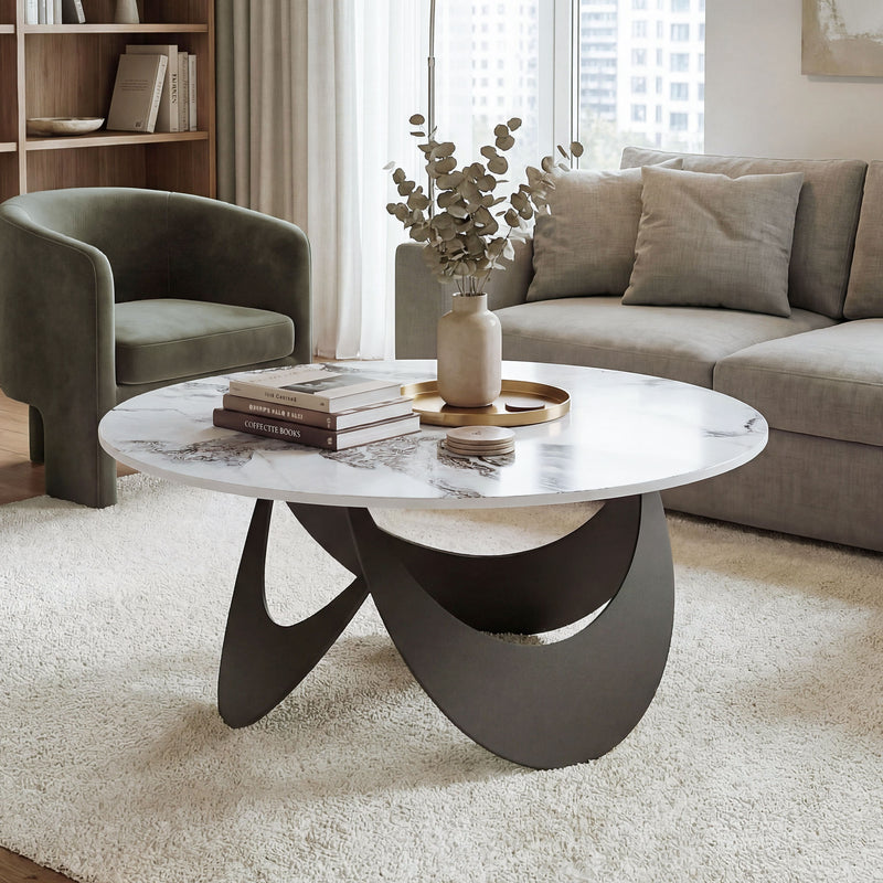 Modern Round Coffee Table with Sintered Stone Marble Effect Heat Resistant Top for Living Rooms Homcom