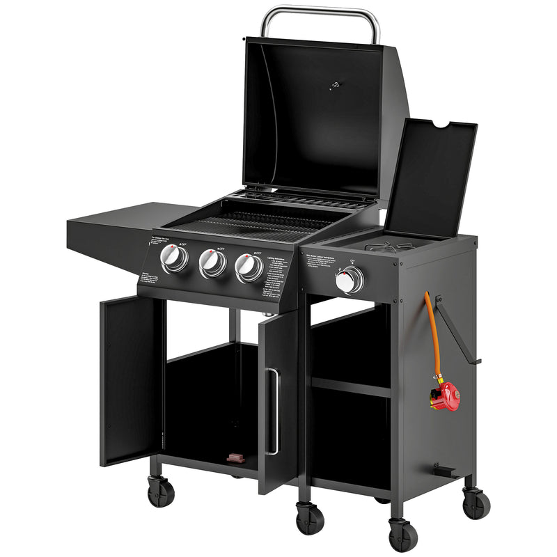 3+1 Burner Gas BBQ Grill with Storage Cabinet and Wheels for Outdoor Cooking by Outsunny