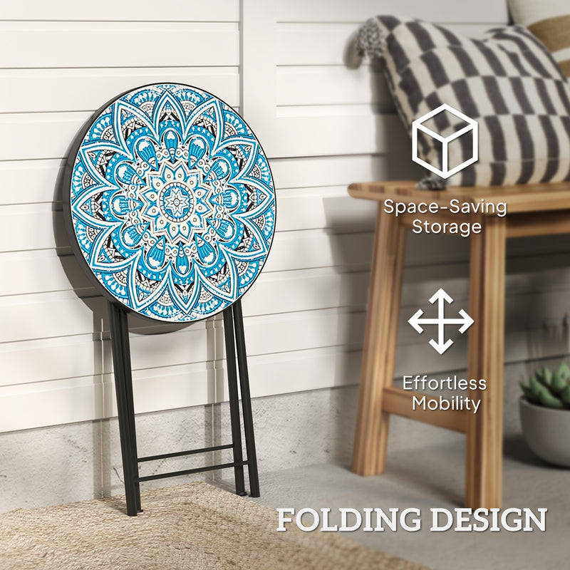 Blue Round Mosaic Garden Side Table 35.5cm Folding Metal Frame for Balcony or Patio