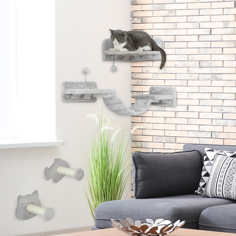 Light Grey 4 Piece Cat Wall Shelves With Steps Ladder and Platforms for Climbing by PawHut