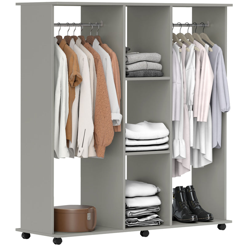 Grey Double Open Wardrobe with Mobile Storage Shelves and 6 Wheels by HOMCOM