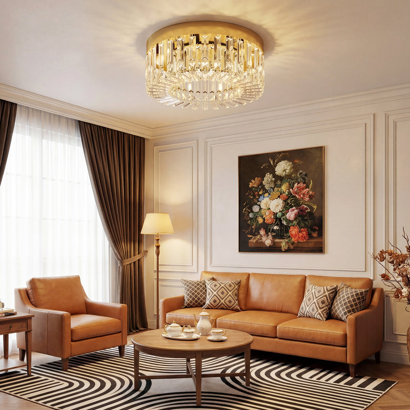 Ceiling Light with Crystal Droplets for Brightening Living or Dining Room Gold Tone