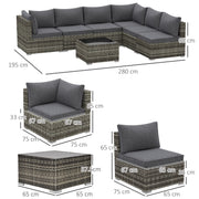 7 Seater Rattan Corner Sofa Set With Glass Table And Cushions For Garden, Dark Grey