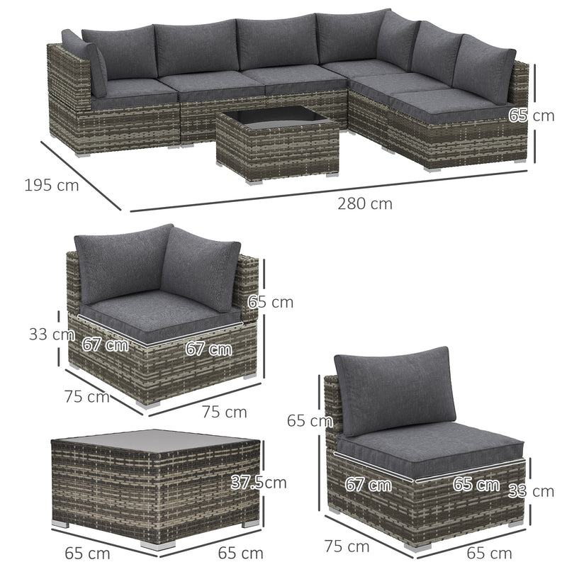 7 Seater Rattan Corner Sofa Set With Glass Table And Cushions For Garden, Dark Grey
