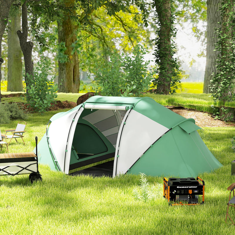 Tunnel Tent with Two Bedrooms and Living Area for Group Camping 4–6 Person Green White