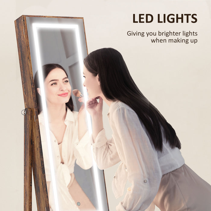 Lockable Jewellery Cabinet with LED Light and Full Length Mirror Rustic Brown by HOMCOM