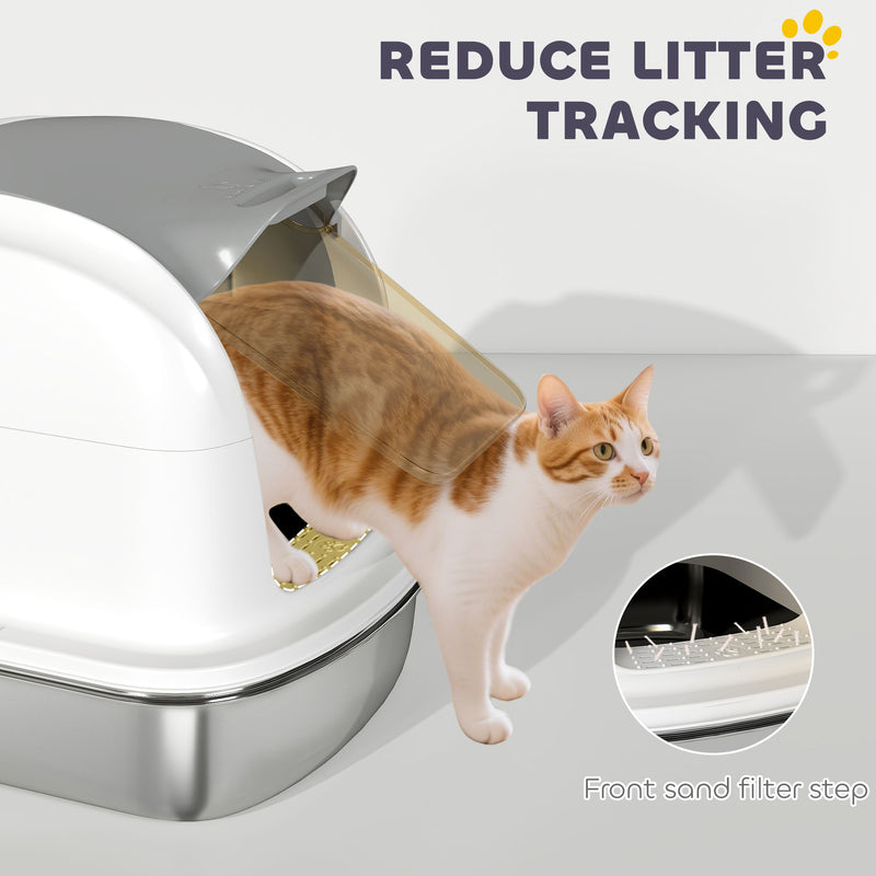 Enclosed Stainless Steel Cat Litter Box With Scoop Flip Lid For Mess Free Cleaning, Silver