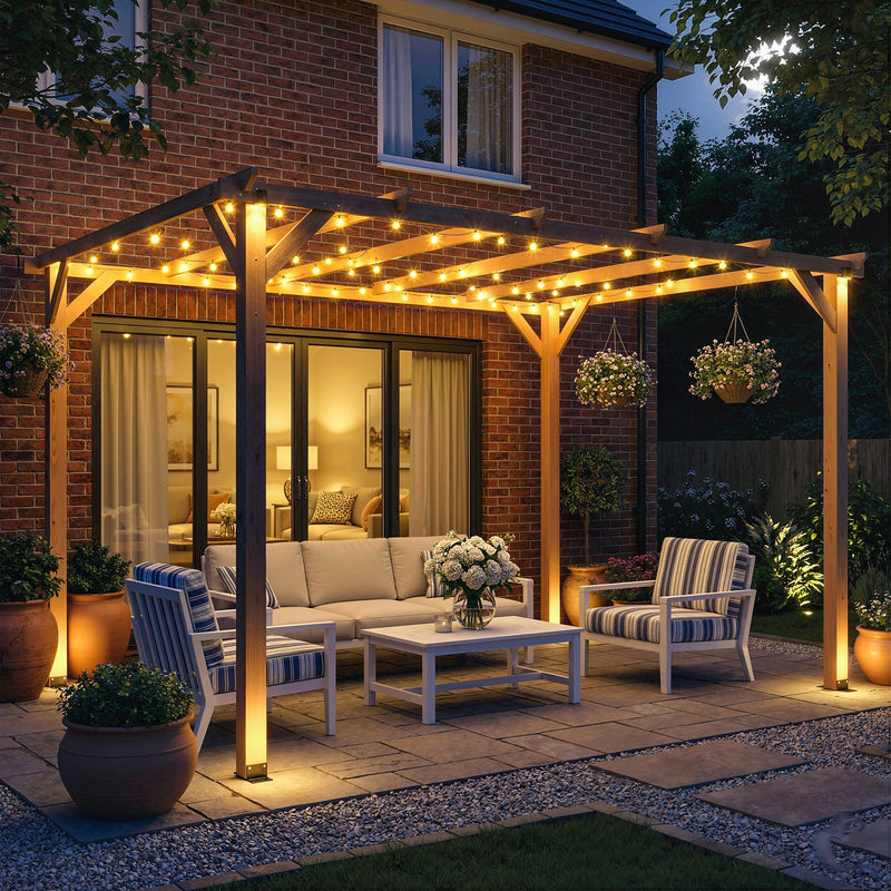4m x 3m Wooden Pergola for Shaded Outdoor Seating and Climbing Plants Maple Wood Effect
