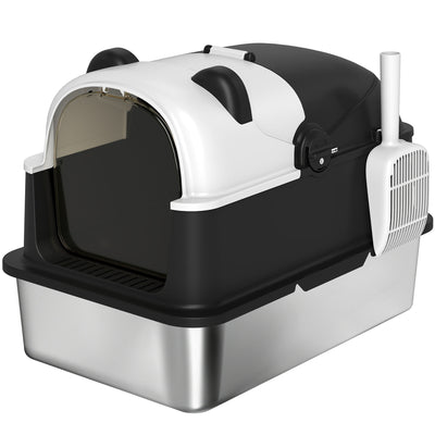 Extra Large Enclosed Stainless Steel Cat Litter Box With Scoop and Lid for Odour Control Black