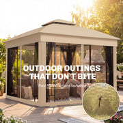 3x3m Garden Gazebo with Metal Frame Mesh Sides and Shelves for Shaded Outdoor Relaxing Brown Outsunny