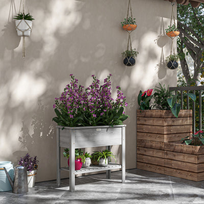 Outsunny Wooden Raised Garden Bed, Elevated Planter Box with Storage Shelf and Drainage Holes, Raised Planter with Legs, Grey AOSOM