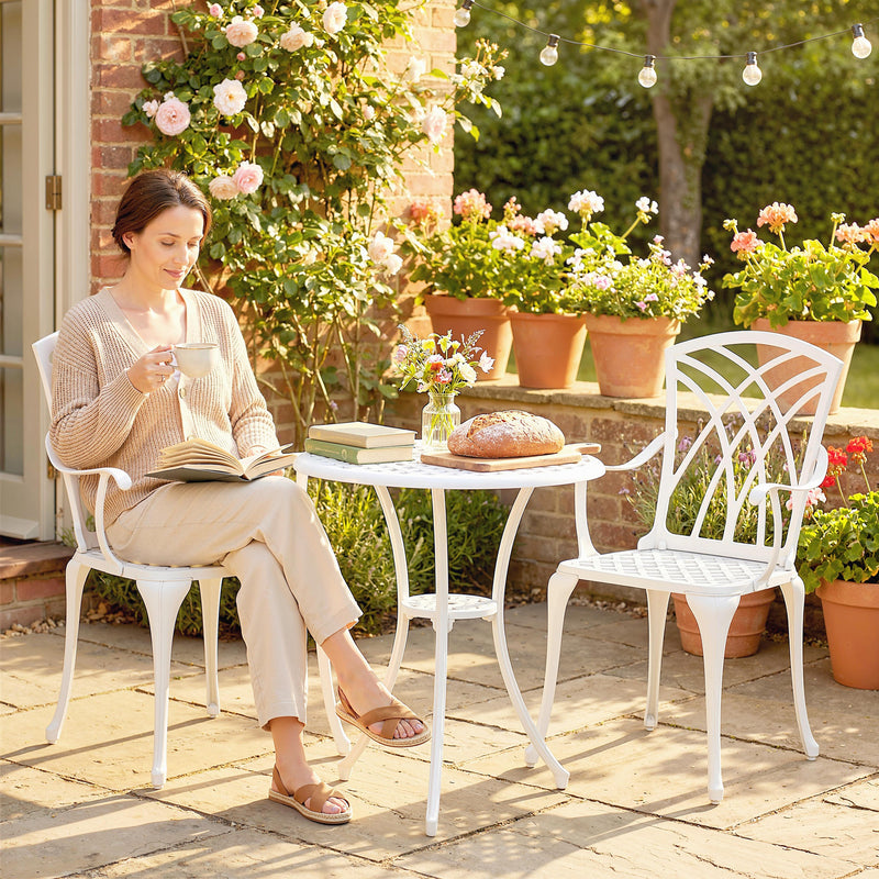 Garden Bistro Set for Small Patios with Parasol Hole, Weather-Resistant Cast Aluminium White