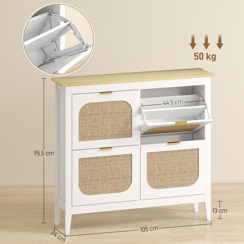 Slim Shoe Storage Cabinet for Hallway with Boho Style Rattan Doors and Oak Top Holds 20 Pairs White 105x24x95cm Homcom