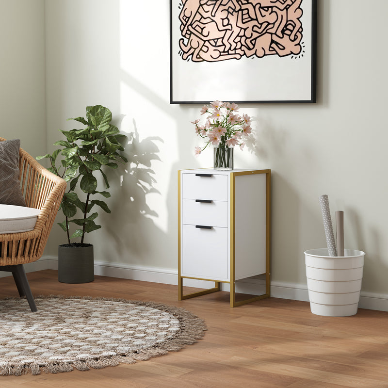 White Industrial 3 Drawer Chest of Drawers with Metal Frame for Bedroom and Living Room by HOMCOM