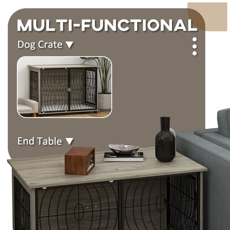 Large Dog Crate End Table with Lockable Door and Washable Cushion for Indoor Use Grey
