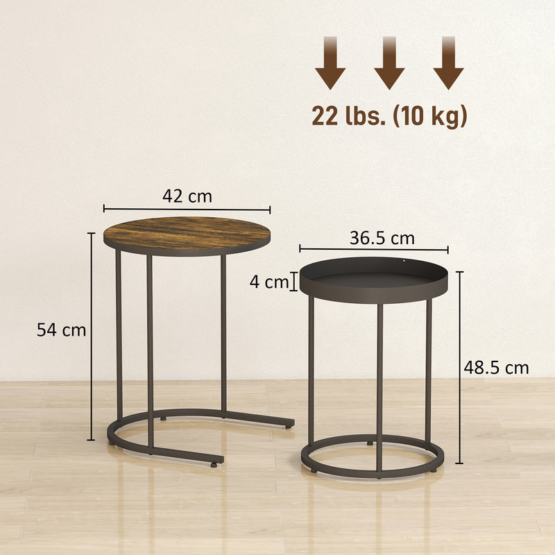 Set of 2 Round Nesting Side Tables with Space Saving Design for Living Room Rustic Brown
