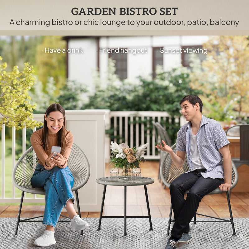 Grey 3 Piece Rattan Bistro Set with Acapulco Chairs and Glass Table for Garden and Patio by Outsunny