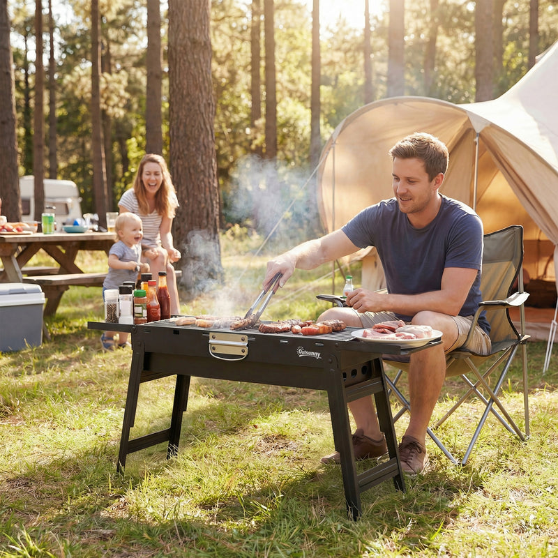 Portable Folding Charcoal Barbecue Grill for Easy Outdoor Cooking with Side Shelves Black Outsunny