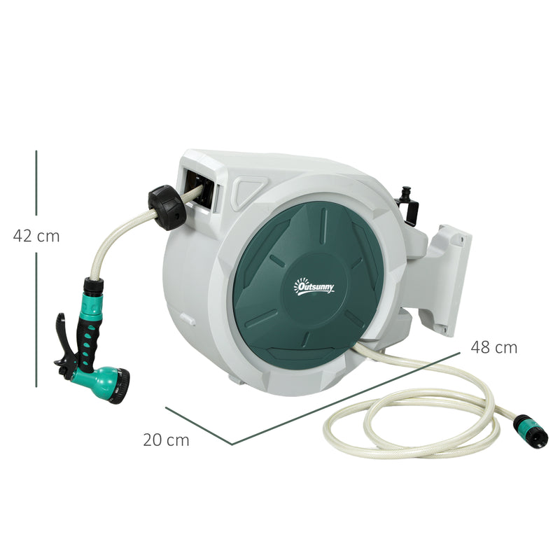 Retractable Wall Mounted Garden Hose Reel 20+2m With Auto Rewind and Spray Nozzle by Outsunny