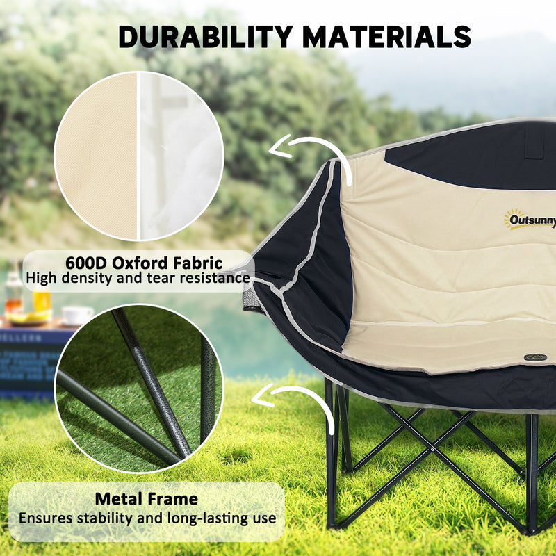Double Camping Chair for Two with Padded Seats and Carry Bag for Outdoor Relaxing Khaki