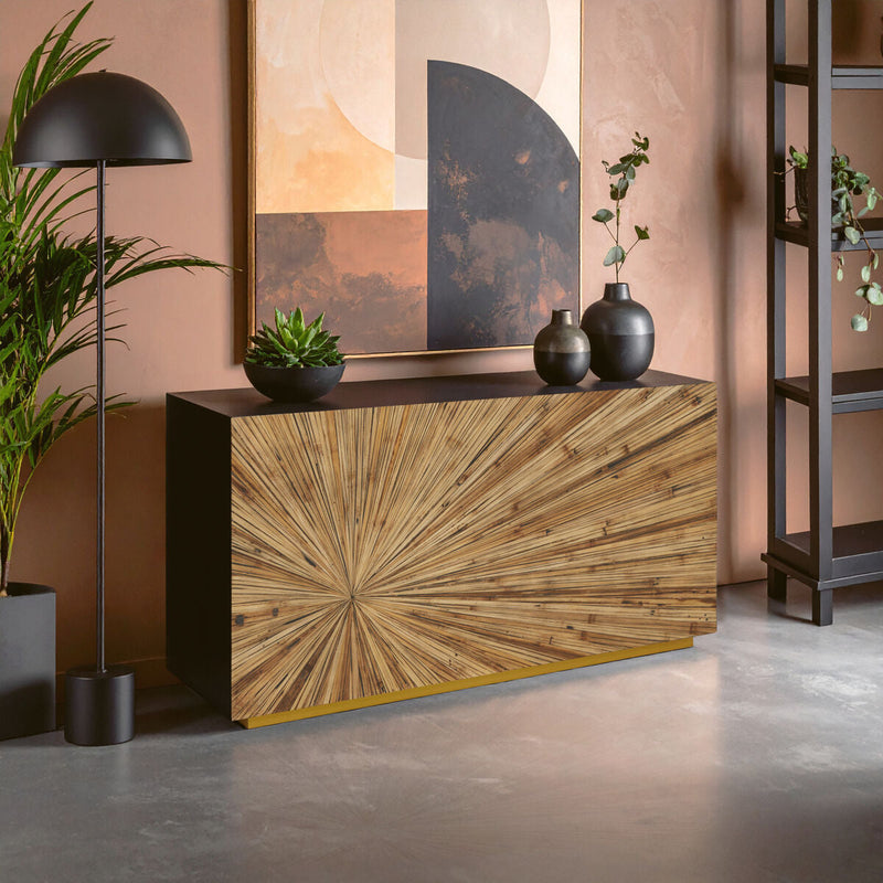 Ebony bamboo sunburst console table with gold steel base styled in a modern hallway