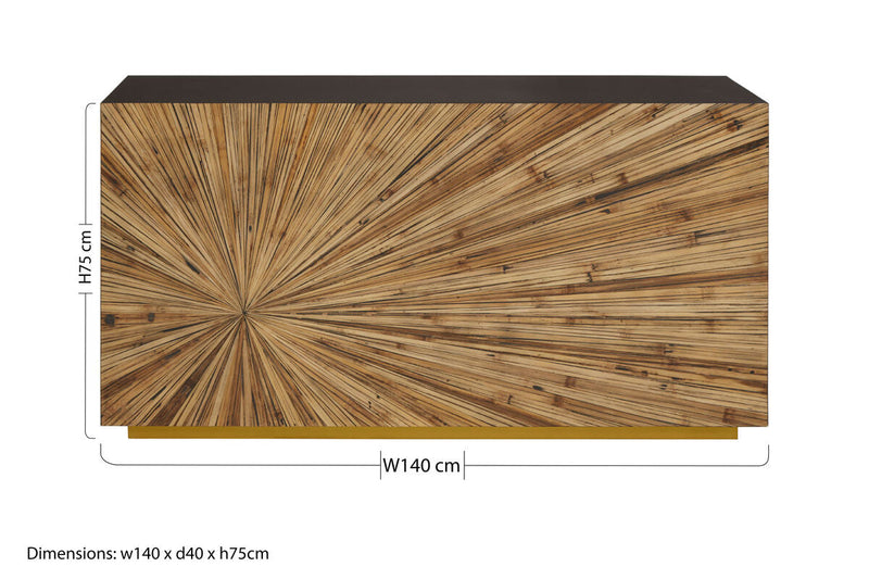 Dimensions diagram for the ebony bamboo console table, 75cm high by 40cm deep by 140cm wide