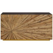 Ebony bamboo console table with sunburst top and gold stainless steel base on a plain background