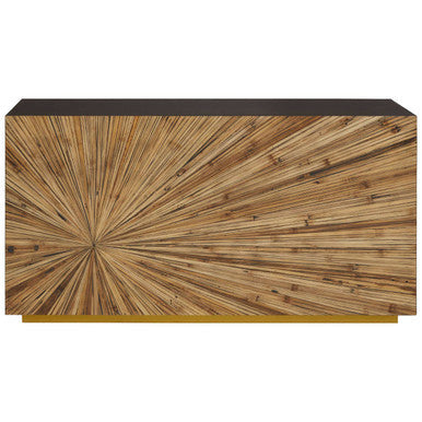 Ebony bamboo console table with sunburst top and gold stainless steel base on a plain background