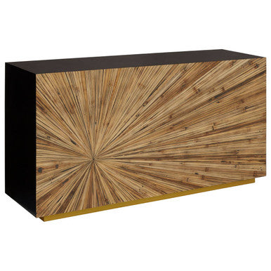 Front view of the ebony bamboo console table showing the sunburst grain pattern across the 140cm top