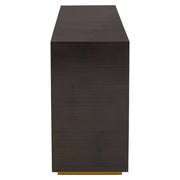 Angled view of the ebony bamboo console table showing the slim gold stainless steel sledge base