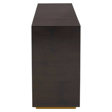 Angled view of the ebony bamboo console table showing the slim gold stainless steel sledge base