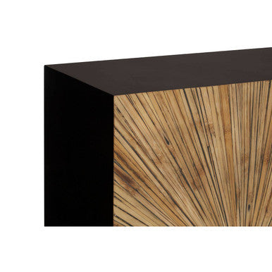 Close-up of the sunburst bamboo grain pattern on the ebony console table top