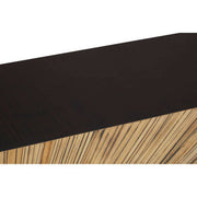 Close-up of the warm gold finish on the stainless steel console table base