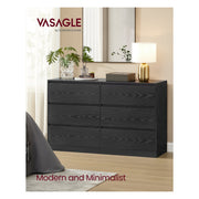 Ebony Black 6 drawer dresser with a mirror, lamp and plant on top in a bedroom corner