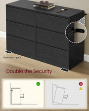 Ebony Black dresser with front anti-tip foot plates and a back anti-tip bracket, compared with an unsecured unit