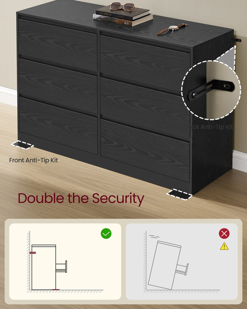 Ebony Black dresser with front anti-tip foot plates and a back anti-tip bracket, compared with an unsecured unit