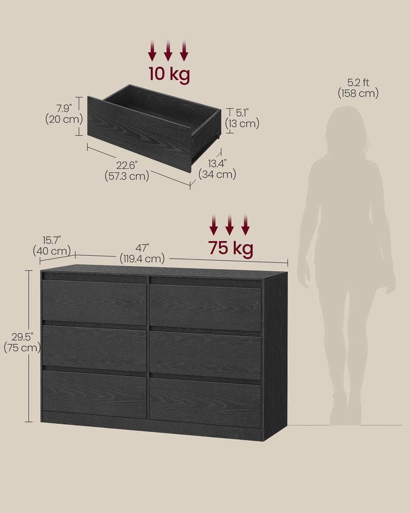 Dimensions diagram showing 119.4 cm width, 40 cm depth, 75 cm height, 75 kg top load and 10 kg per drawer