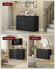 Ebony Black dresser shown in a hallway, a living room and a bedroom