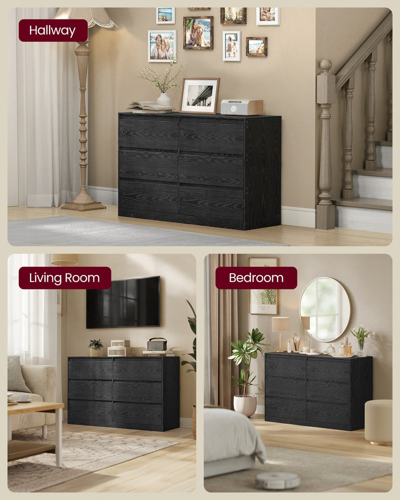 Ebony Black dresser shown in a hallway, a living room and a bedroom