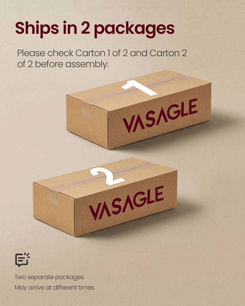 Two VASAGLE cartons numbered 1 and 2 showing the dresser ships in 2 packages