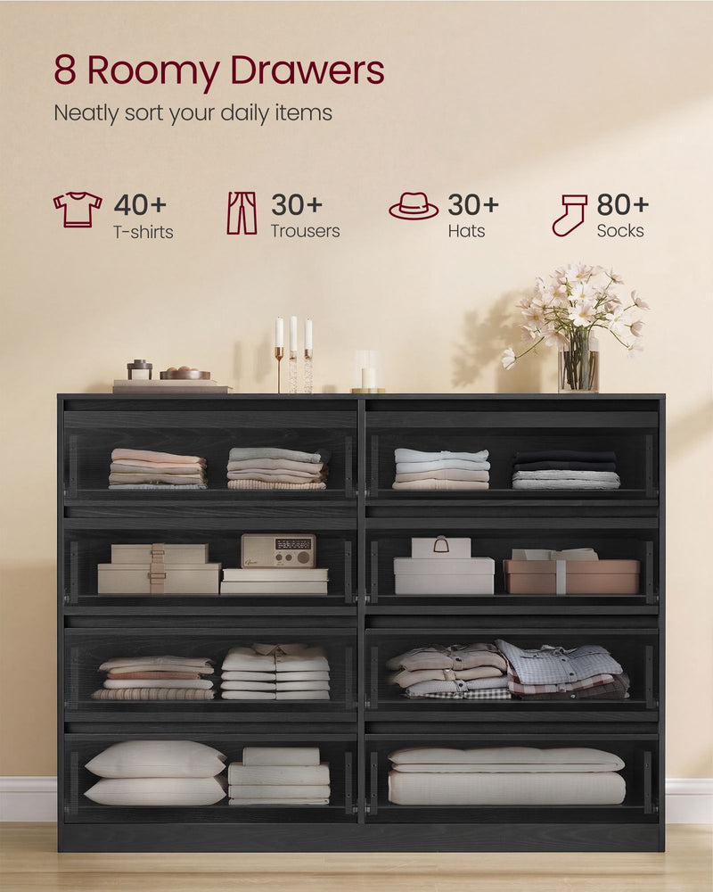 Eight open drawers holding folded T-shirts, trousers, hats and socks