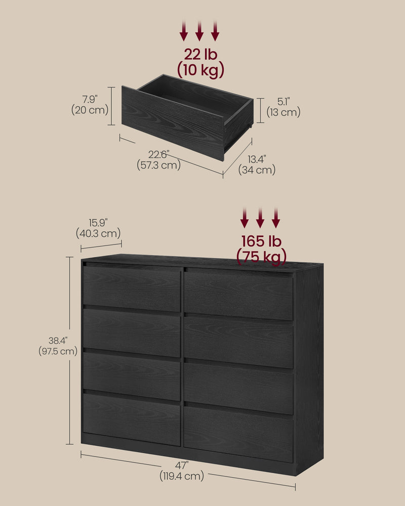 Chest of drawers dimensions diagram with 10 kg drawer and 75 kg top capacities
