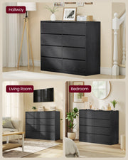 Black chest of drawers shown in a hallway, living room and bedroom