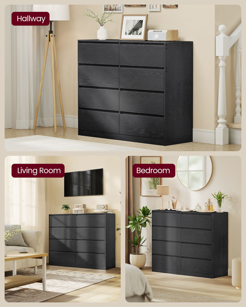 Black chest of drawers shown in a hallway, living room and bedroom