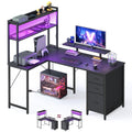 Ebony black L-shaped gaming desk with LED shelf unit, monitor stand and 3-drawer cabinet
