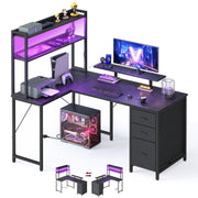 Ebony black L-shaped gaming desk with LED shelf unit, monitor stand and 3-drawer cabinet